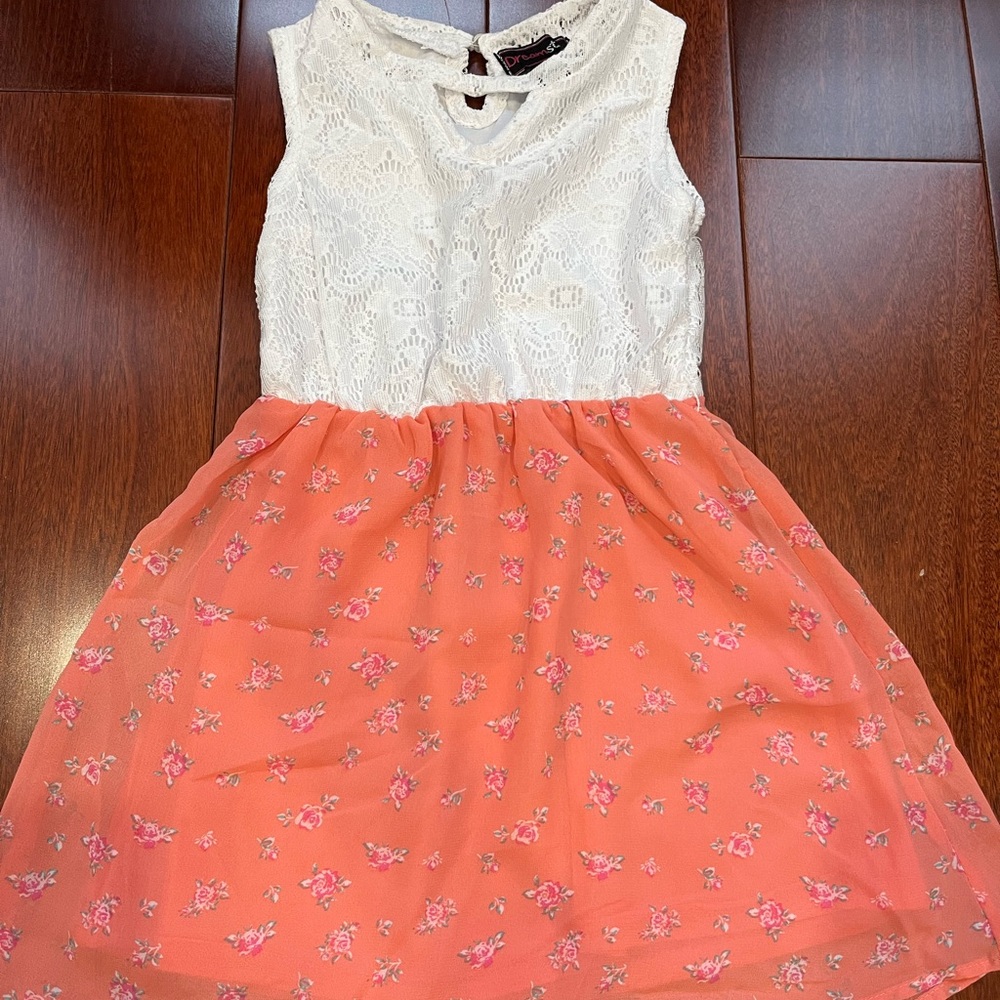 Floral Lace Kids Dress - White and Orange